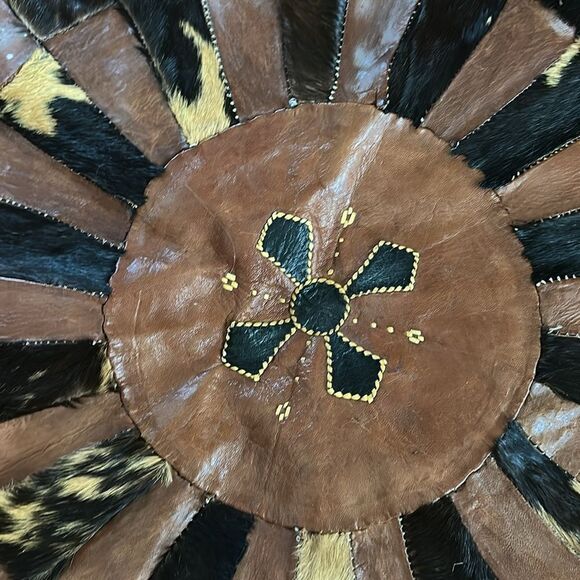 Leather Cowhide Patchwork Circular Rug Brown and Black - Picture 5 of 15